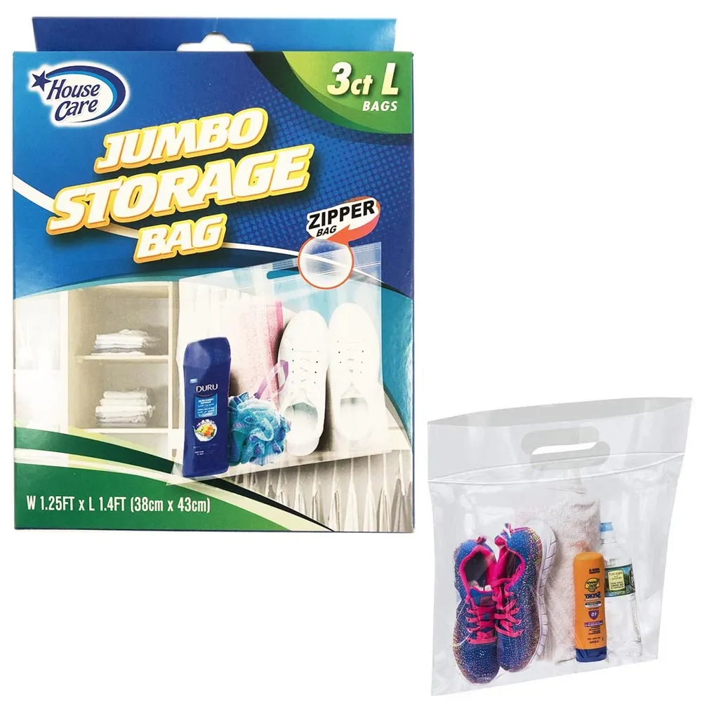 3 Large Plastic Clear Storage Bags Handle Resealable Zipper Clothes Travel 15x17