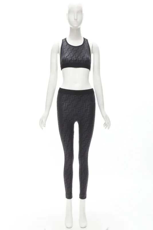 FENDI Forever FF Zucca monogram black bra top legging pant set XS