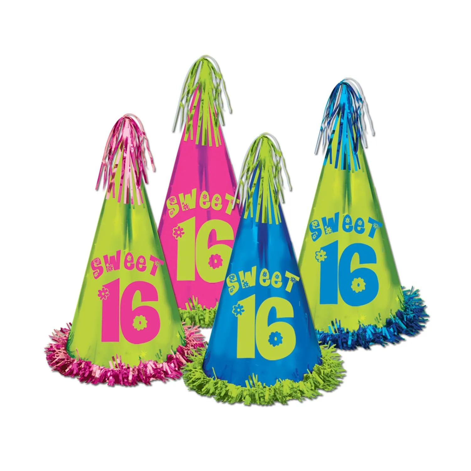 Fringed Foil Sweet 16 Birthday Party Hats assorted colors (12 per Case)