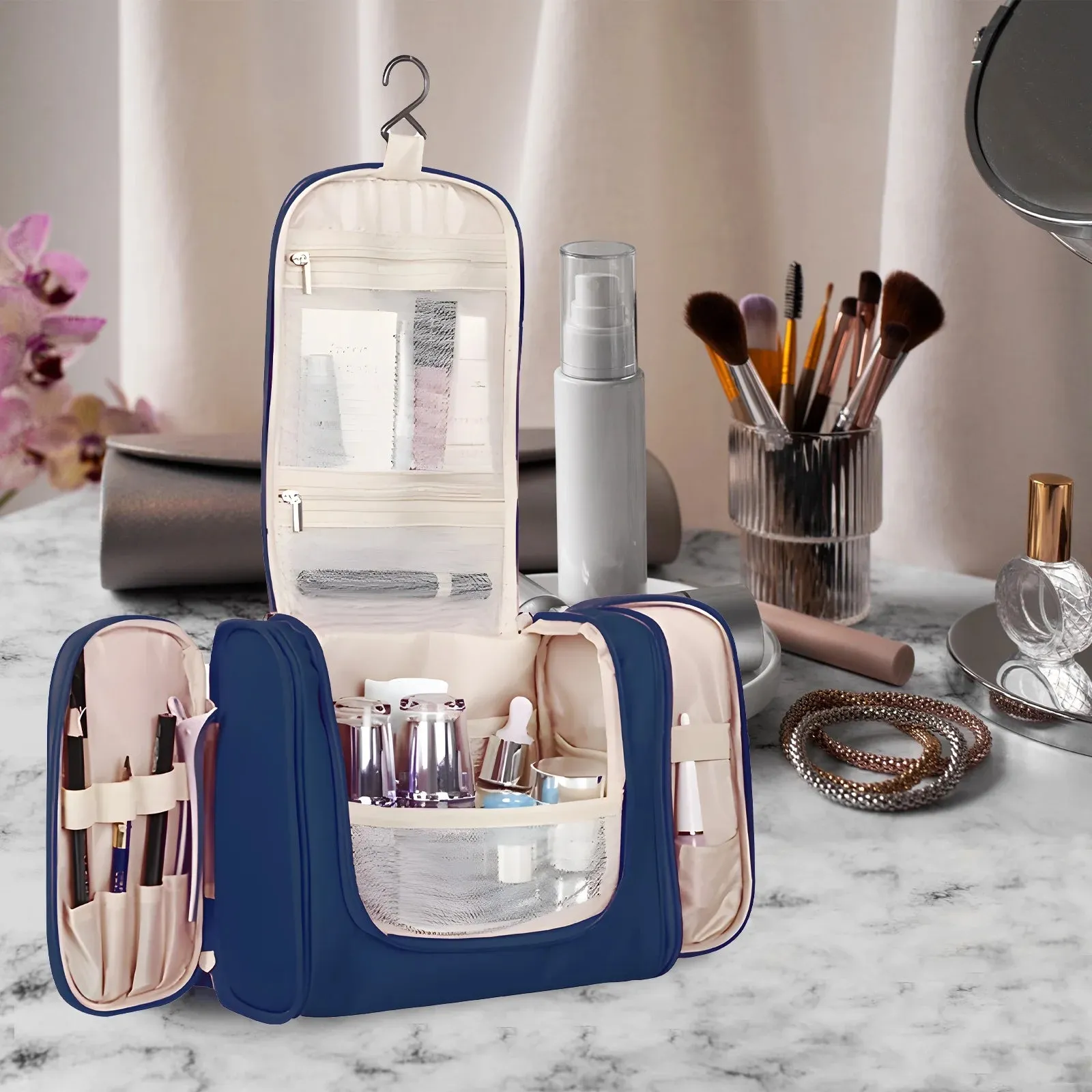 Hanging Travel Toiletry Bag for Men and Women,Compact Makeup Bag,Water-Resistant,Shower Bag for Essentials,Shaving Bag, Organizer Bag(BLUE)