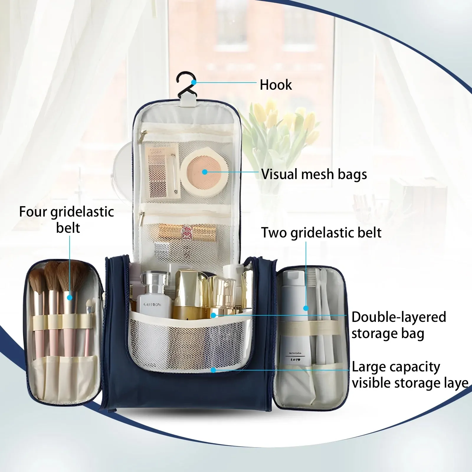 Hanging Travel Toiletry Bag for Men and Women,Compact Makeup Bag,Water-Resistant,Shower Bag for Essentials,Shaving Bag, Organizer Bag(BLUE)