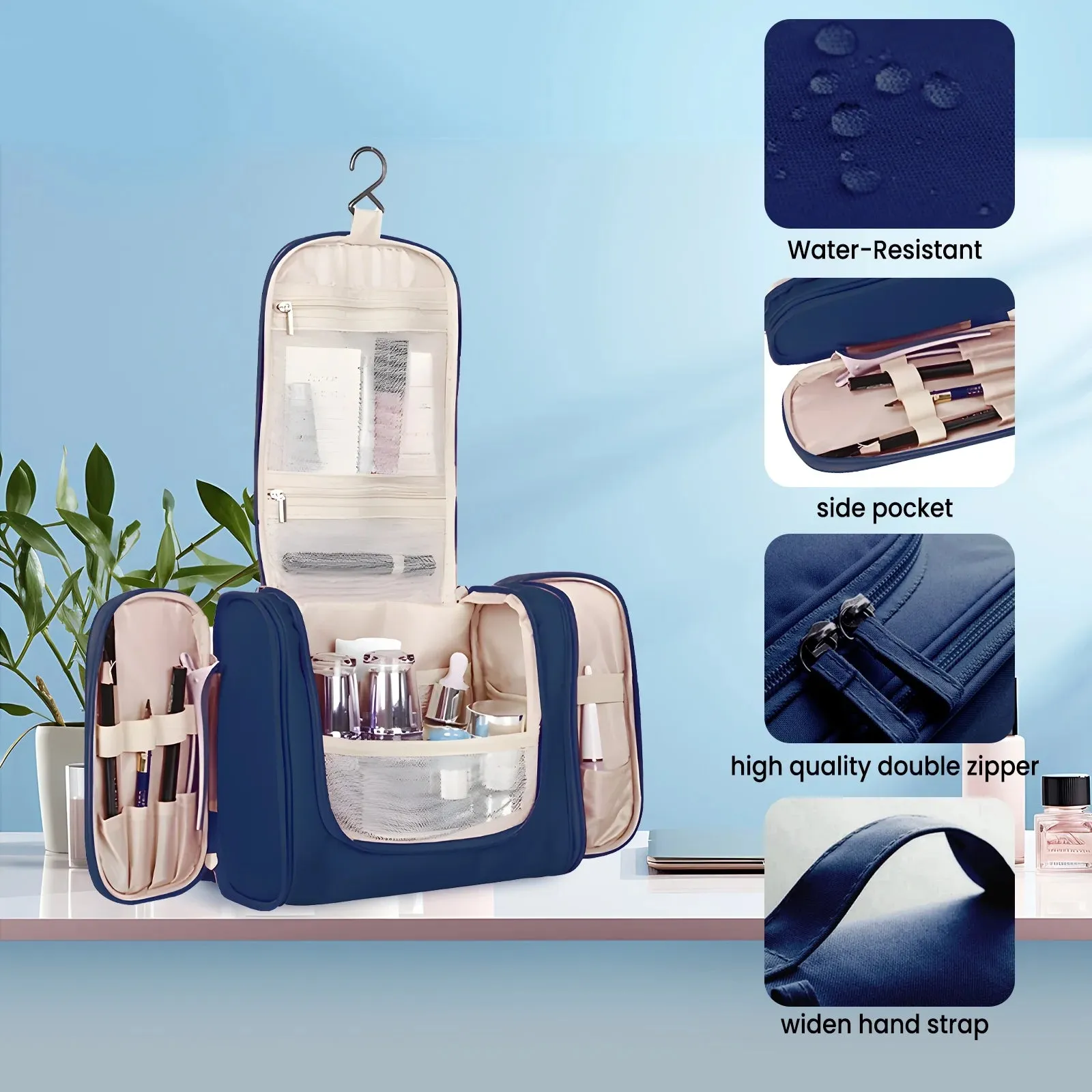 Hanging Travel Toiletry Bag for Men and Women,Compact Makeup Bag,Water-Resistant,Shower Bag for Essentials,Shaving Bag, Organizer Bag(BLUE)