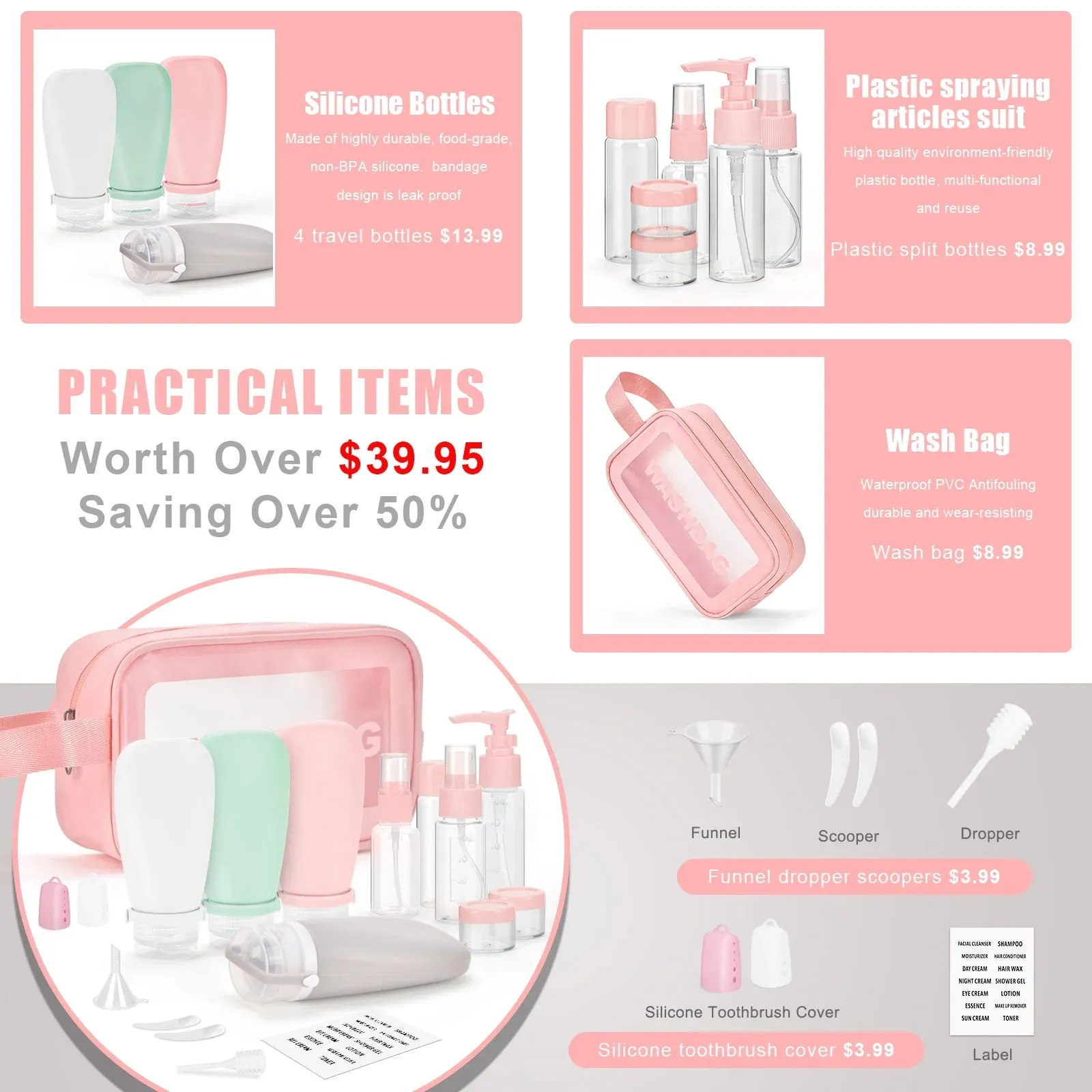 Noideeer 18 Pcs Silicone Travel Bottles Set for Toiletries, BPA Free, TSA Approved