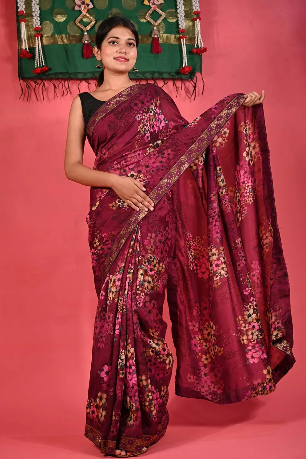 Ready To Wear Beautiful Wine Floral Printed Georgette With Embroidered Detailed  Border  Wrap in 1 minute saree