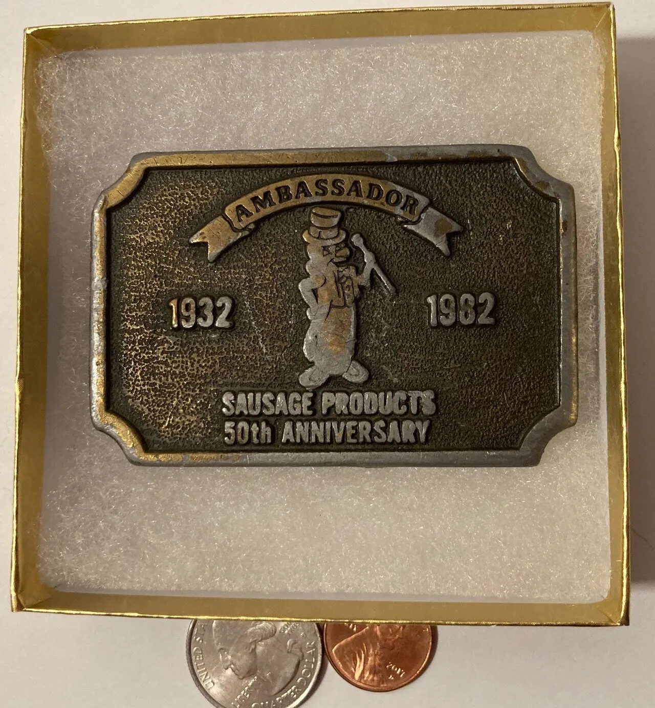 Vintage 1982 Metal Belt Buckle, Ambassador Sausage Products, Nice Western Design, 3" x 2", Heavy Duty, Quality, Thick Metal