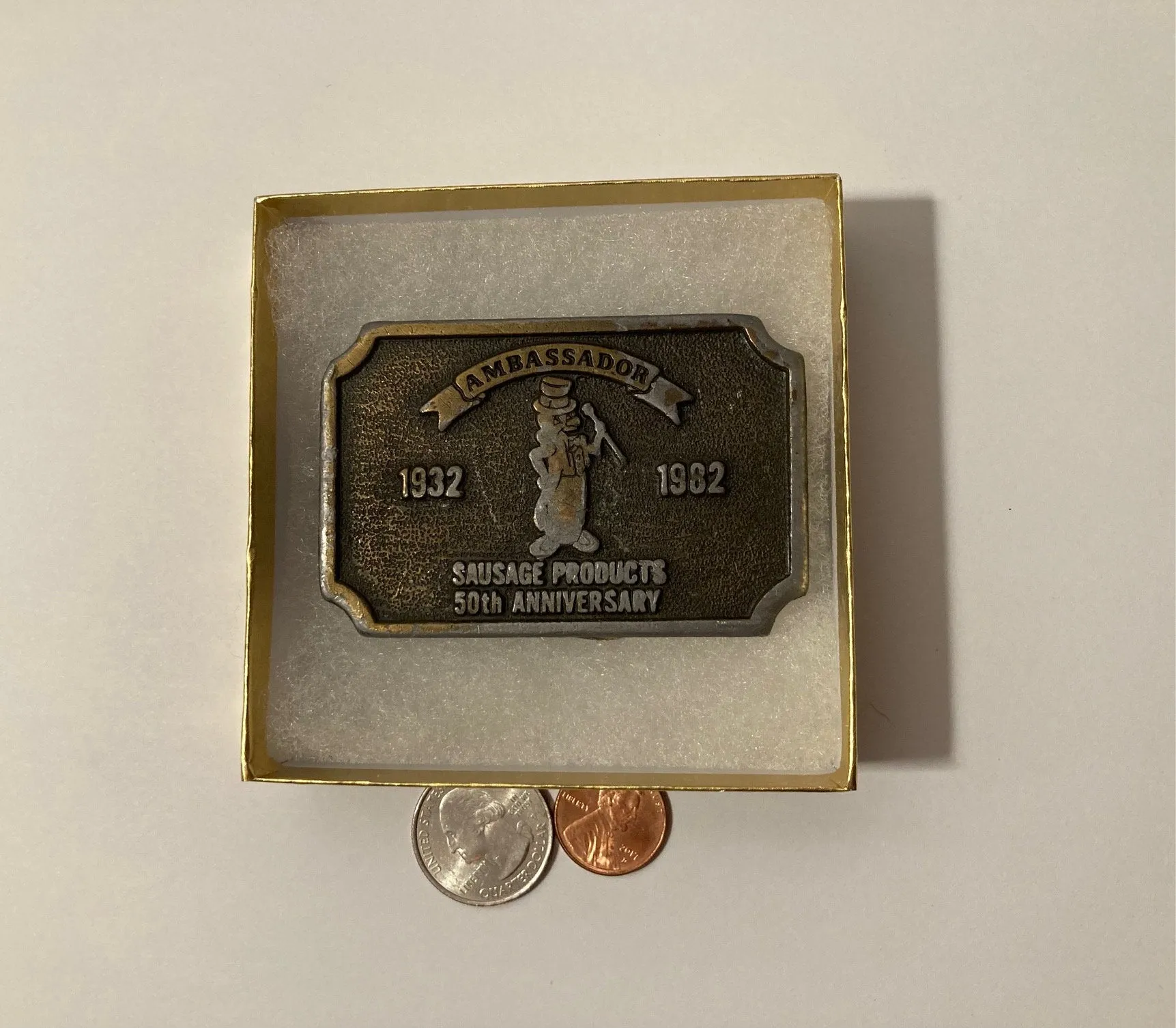 Vintage 1982 Metal Belt Buckle, Ambassador Sausage Products, Nice Western Design, 3" x 2", Heavy Duty, Quality, Thick Metal