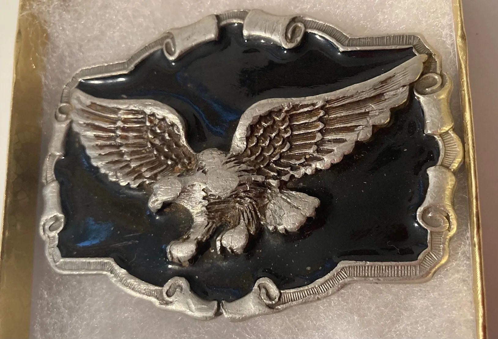 Vintage 1983 Metal Belt Buckle, American Bald Eagle, Black Enamel, 3 1/4" x 2 1/4", Heavy Duty, Quality, Thick Metal, Made in USA, For Belts