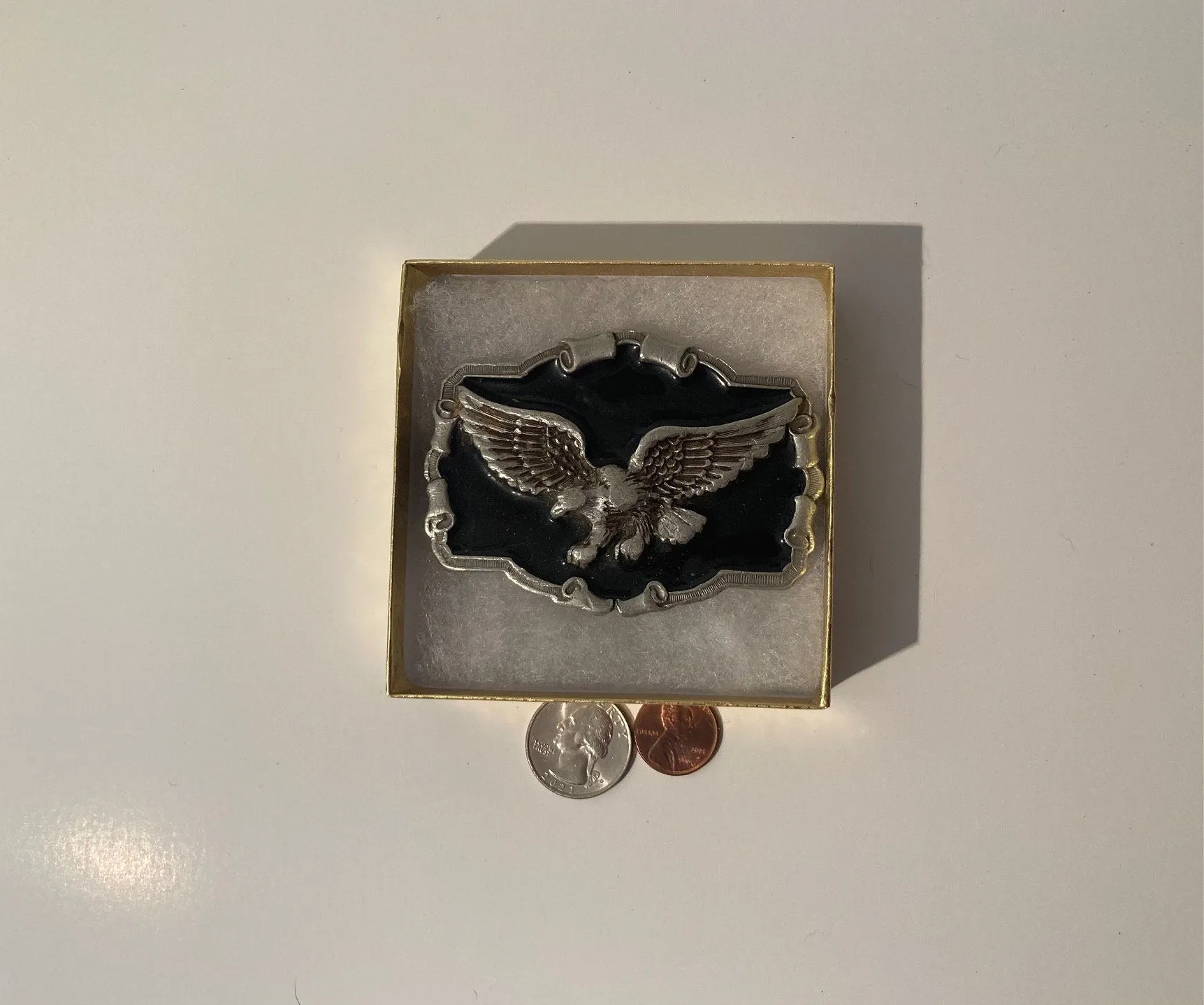 Vintage 1983 Metal Belt Buckle, American Bald Eagle, Black Enamel, 3 1/4" x 2 1/4", Heavy Duty, Quality, Thick Metal, Made in USA, For Belts